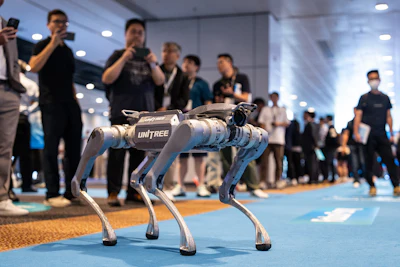 A robot dog showcased at an exhibition in Hong Kong on Monday, April 13, 2026.
