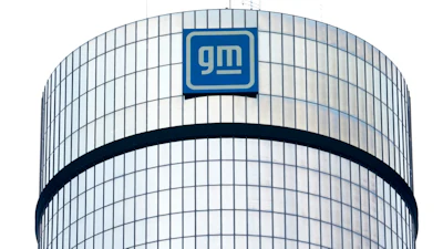The General Motors logo is displayed at its headquarters in Detroit on April 24, 2024.
