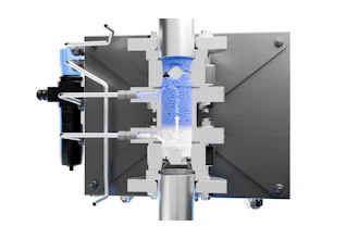 A cross-sectional view of the DewTector's product chamber, illustrating the air flow. The direct measurement approach using a hygrometer eliminates the need for complex calibrations for each formulation.