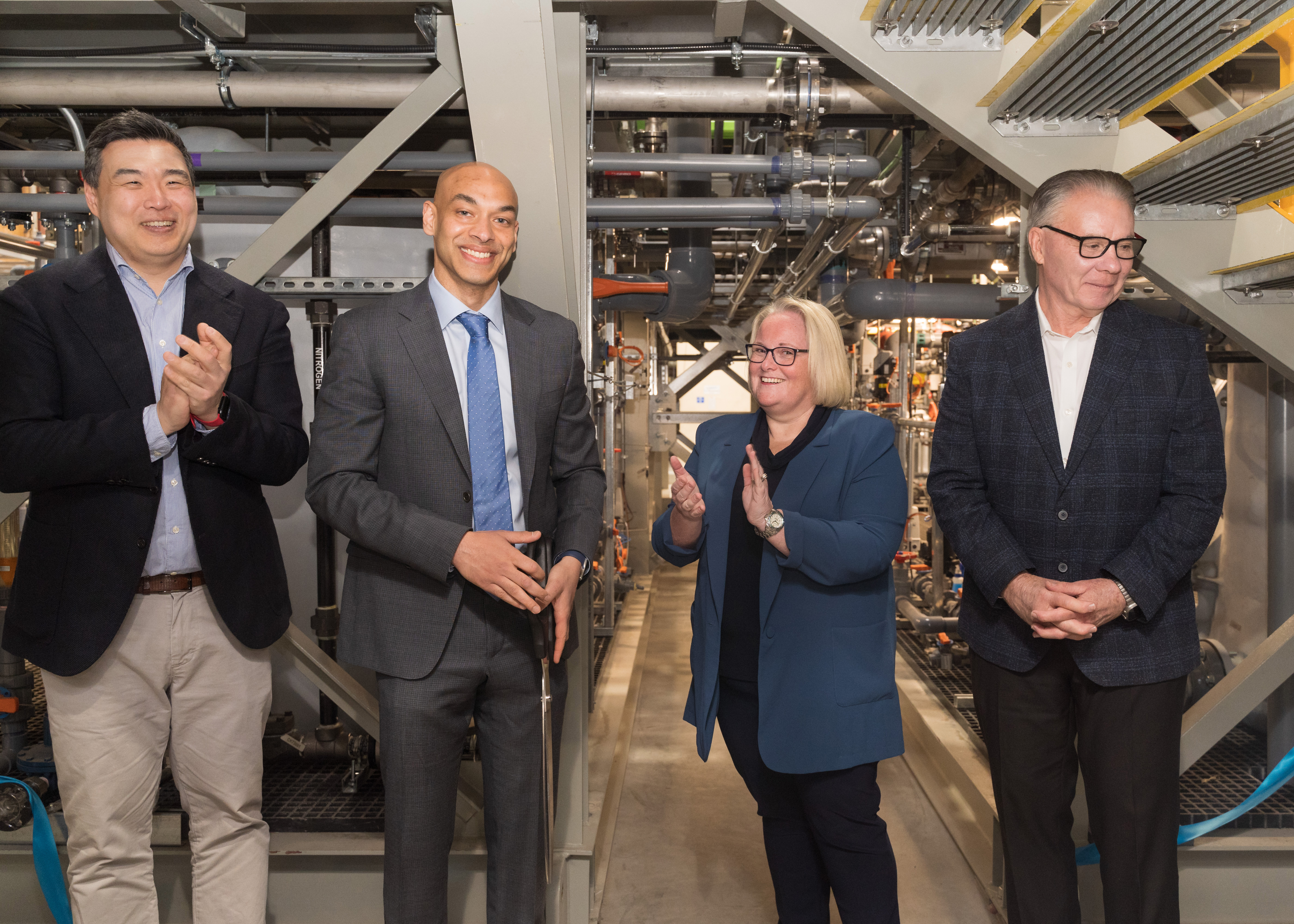 Mangrove's electrochemical lithium refining facility ribbon cutting ceremony in Delta, B.C. Pictured from L to R: InBC Chief Investment Officer Thomas Park, Mangrove Lithium CEO Saad Dara, Delta MP Jill McKnight, and Delta Mayor, George V. Harvie. Photo by Avrinder Dhillon/Mangrove Lithium.