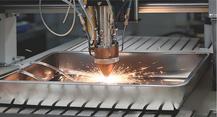 A close-up of a laser-directed energy deposition (LDED) system fabricating the novel AI-designed ultra-high strength steel, which achieves a rare balance of strength and ductility, excellent corrosion resistance, and requires only six hours of single-step heat treatment at low cost.