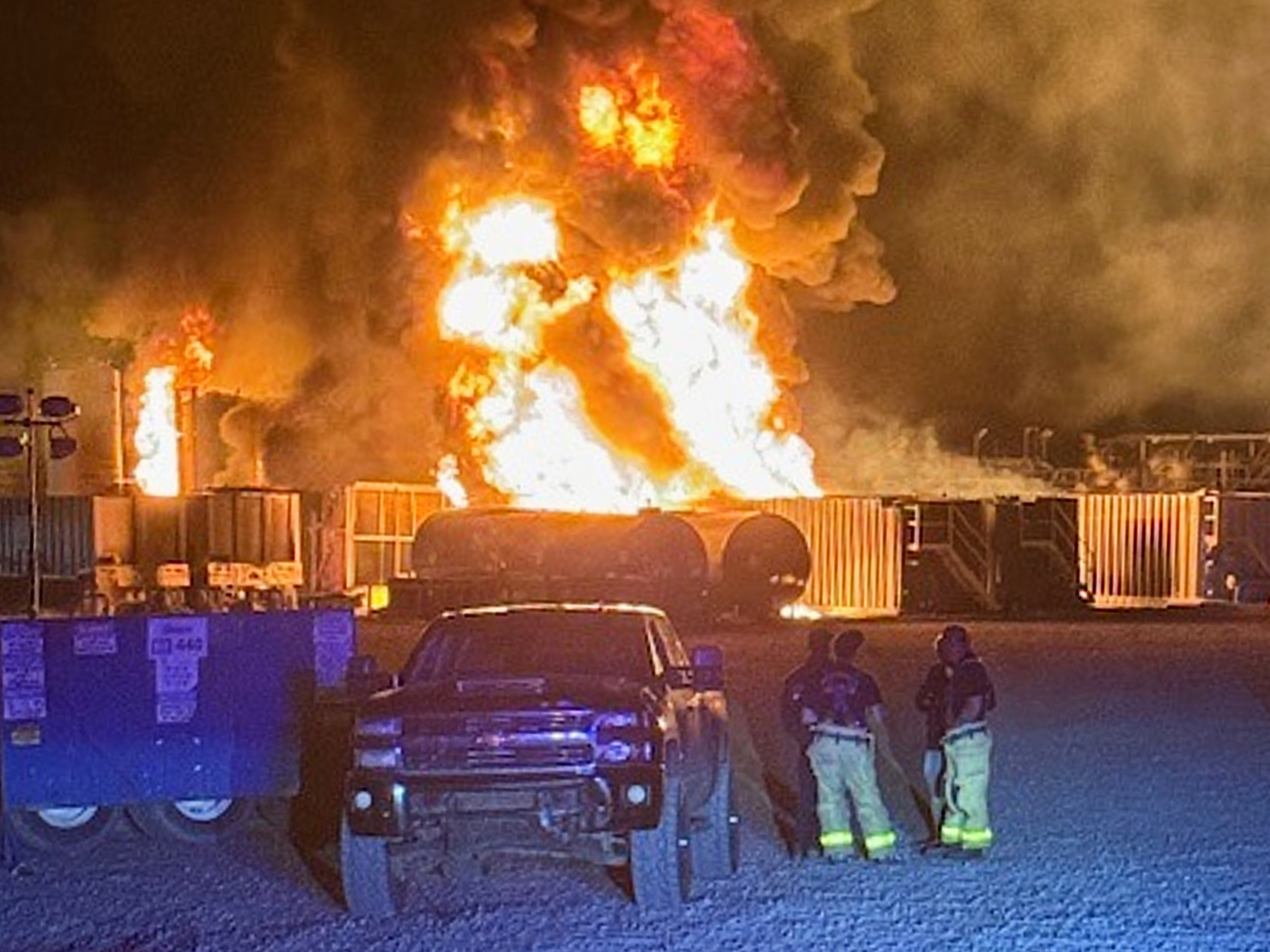 This photo provided by the Nacogdoches County Sheriff's Office shows a fire burning at a H&P drilling company well Monday, April 20, 2026, about 20 miles away from Nacogdoches, Texas.