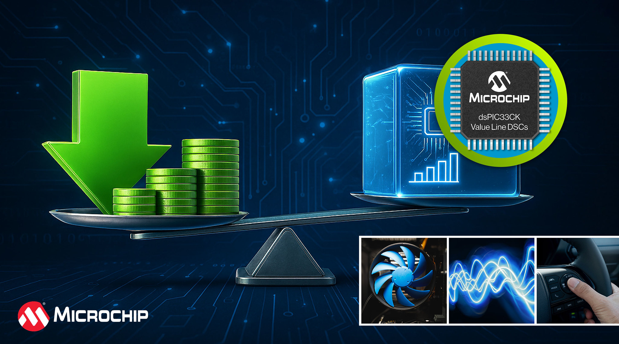 The dsPIC33CK Value Line Digital Signal Controllers (DSCs) from Microchip Technology.