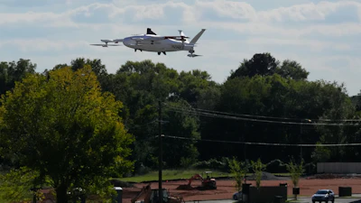 A drone operated by Zipline flies to make a delivery from a Walmart store in Pea Ridge, Ark., Friday, Sept. 26, 2025.