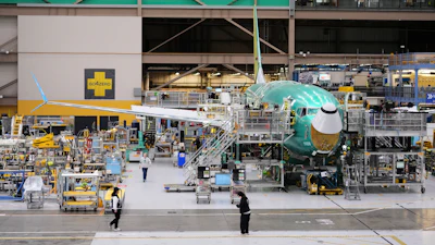 A Boeing 737 MAX airplane on the final assembly line is seen during a media tour at Boeing's factory Wednesday, April 15, 2026, in Renton, Wash.