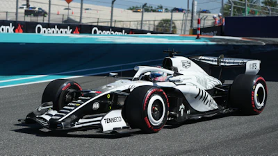Cadillac driver Sergio Perez of Mexico steers his car during a qualifying session for the Miami Formula One Grand Prix auto race, Saturday, May 2, 2026, in Miami Gardens, Fla.