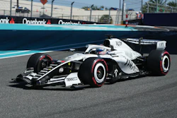 Cadillac driver Sergio Perez of Mexico steers his car during a qualifying session for the Miami Formula One Grand Prix auto race, Saturday, May 2, 2026, in Miami Gardens, Fla.