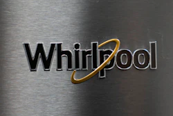 A logo for Whirlpool is seen at Riegelmann's Appliance on April 3, 2025, in Gresham, Ore.