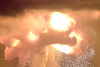 A Blue Origin New Glenn rocket explodes during an engine-firing test on Thursday, May 28, 2026, in Cape Canaveral, Fla.