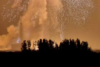 A Blue Origin New Glenn rocket explodes during an engine-firing test on Thursday, May 28, 2026, in Cape Canaveral, Fla.