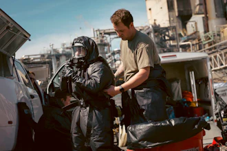Soldiers and airmen from the Washington National Guard's 10th Homeland Response Force offer support to first responders following an implosion of a chemical tank at Nippon Dynawave pulp and paper mill on Thursday, May 28, 2026, in Longview, Wash.