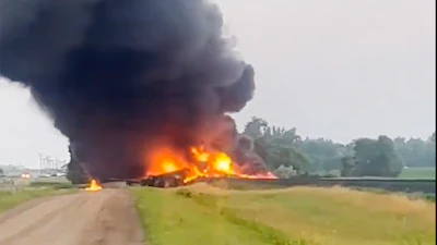 Smoke fills the sky after a train derailment near Carrington, N.D., July 5, 2024