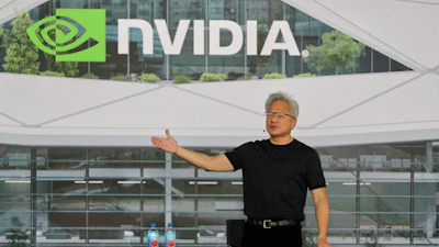 Nvidia CEO Jensen Huang delivers a speech during an all employee celebration at the construction site of their Taiwan headquarters 'Constellation' in Taipei, Taiwan, Wednesday, May 27, 2026.