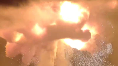 A Blue Origin New Glenn rocket explodes during an engine-firing test on Thursday, May 28, 2026, in Cape Canaveral, Fla.