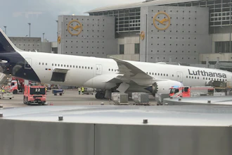 A Lufthansa 'Dreamliner ' aircraft lies on its nose in front of a terminal at Frankfurt Airport after the nose landing gear collapsed on Thursday, June 4, 2026 in Frankfurt, Germany.