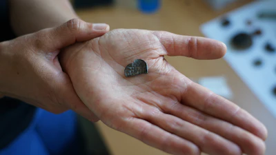 Moesgaard Museum archaeologist Liv Stidsing Reher-Langberg holds a Viking Age silver coin unearthed in Aarhus, Denmark, Monday, June 22, 2026.
