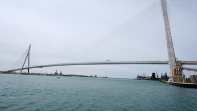 The Gordie Howe Bridge is shown under construction between Windsor, Ontario and Detroit, May 22, 2026.