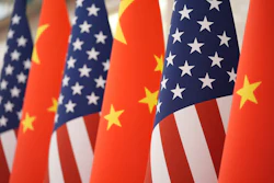 The U.S. and Chinese flag at the Great Hall of the People prior to the state dinner of President Donald Trump and Chinese President Xi Jinping on May 14, 2026, in Beijing.