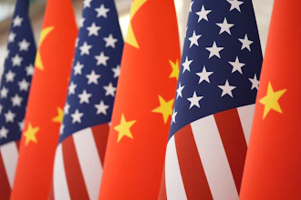 The U.S. and Chinese flag at the Great Hall of the People prior to the state dinner of President Donald Trump and Chinese President Xi Jinping on May 14, 2026, in Beijing.
