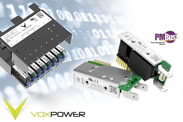 Industrial power supply modules and electronic components with VOX Power and PM Plus branding displayed against binary code background
