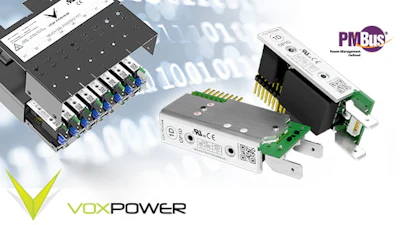 Industrial power supply modules and electronic components with VOX Power and PM Plus branding displayed against binary code background