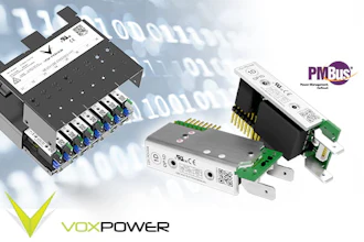 Industrial power supply modules and electronic components with VOX Power and PM Plus branding displayed against binary code background