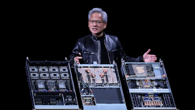Nvidia CEO Jensen Huang delivers a speech during the Computex 2026 exhibition in Taipei, Taiwan, Monday, June 1, 2026.