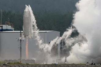 The Reusable Vehicle eXperiment, known as RV-X, is seen in a test launch at the Noshiro Rocket Testing Center of the Japan Aerospace Exploration Agency in Noshiro, northern Japan, Saturday, July 11, 2026.
