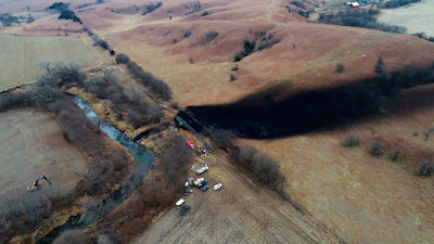 This photo taken with a drone shows the area where the ruptured Keystone pipeline dumped oil into a creek in Washington County, Kan., Dec. 9, 2022.