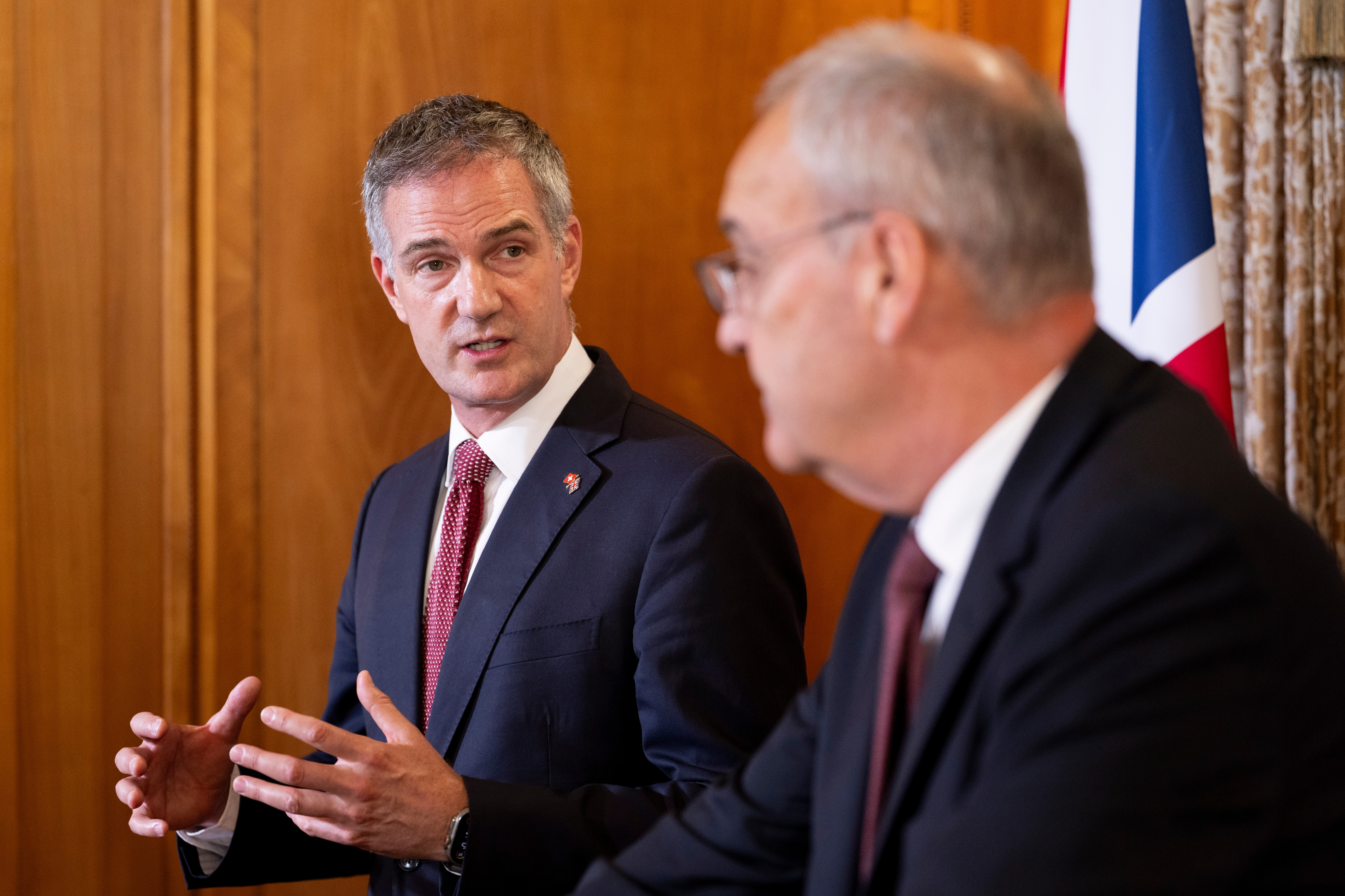 Britain's Secretary of State for Business and Trade, Peter Kyle, left, and Swiss Federal President Guy Parmelin, Hotel Bellevue Palace, Bern, Switzerland, July 13, 2026.
