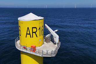 A wind turbine base is visible at Sunrise Wind offshore wind farm that is under construction off the coast of Montauk Point, New York, April 23, 2026.