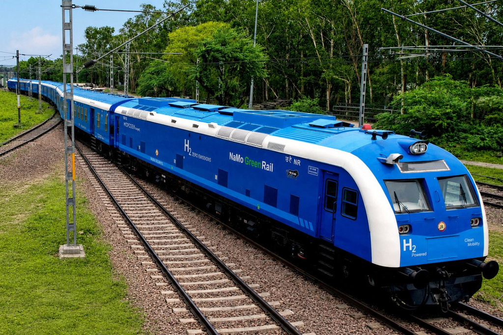 This photo shared by Indian Ministry of Railways on X shows India's first indigenously built hydrogen-powered train named the &ldquo;NaMo Green Rail,&rdquo; at Jind, in the Indian state of Haryana, Thursday, July 16, 2026.