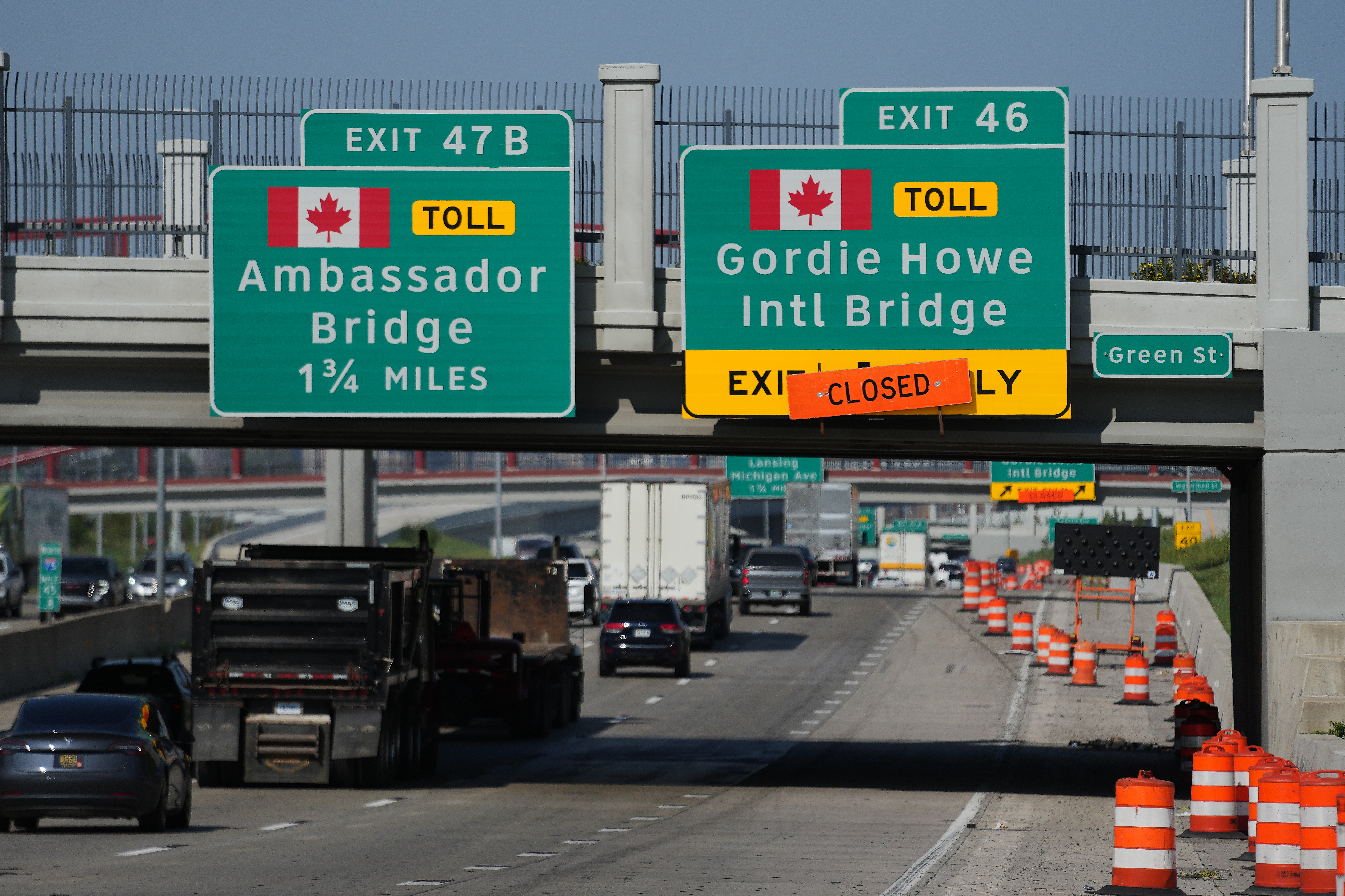Exits from Interstate 75 are displayed for the Gordie Howe International Bridge and Ambassador Bridge connecting Windsor, Ontario, with Detroit, Tuesday, July 14, 2026,
