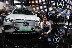 A vlogger promotes the GLC SUV at the Mercedes-Benz booth during Auto China 2026 in Beijing, on April 24, 2026. Major German carmakers saw sharp quarterly sales declines in China, as domestic demand weakened and competition heats up in the world’s biggest auto market.