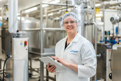 Lauren Zellner Standing In Front Of Equipment Smiling At Camera With Ipad