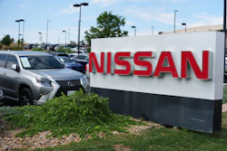 Sign carrying the corporate logo stands outside a Nissan dealership Monday, July 27, 2026, in Highlands Ranch, Colo.