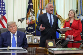 Health and Human Services Secretary Robert F. Kennedy Jr. speaks alongside President Donald Trump and Heidi Overton, deputy director of the White House Domestic Policy Council, in the Oval Office, Aug. 10, 2026.