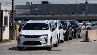 Chrysler Pacificas are driven off the lot at Windsor Assembly Plant in Windsor, Ontario, Canada, on Monday, Aug. 24, 2026.