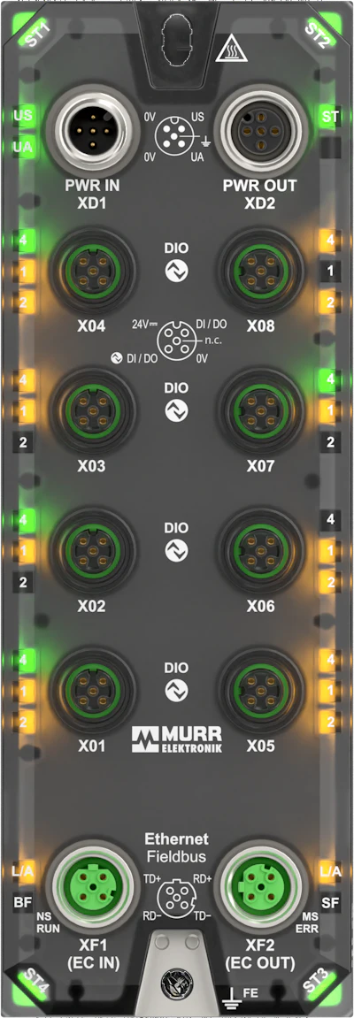 The pure.IO 500A-PLMM1-DAAL100 from Murrelektronik is a compact, plastic, multiprotocol IO-Link Master module featuring 8 digital I/O ports, 8 IO-Link master ports and M12-A connections.