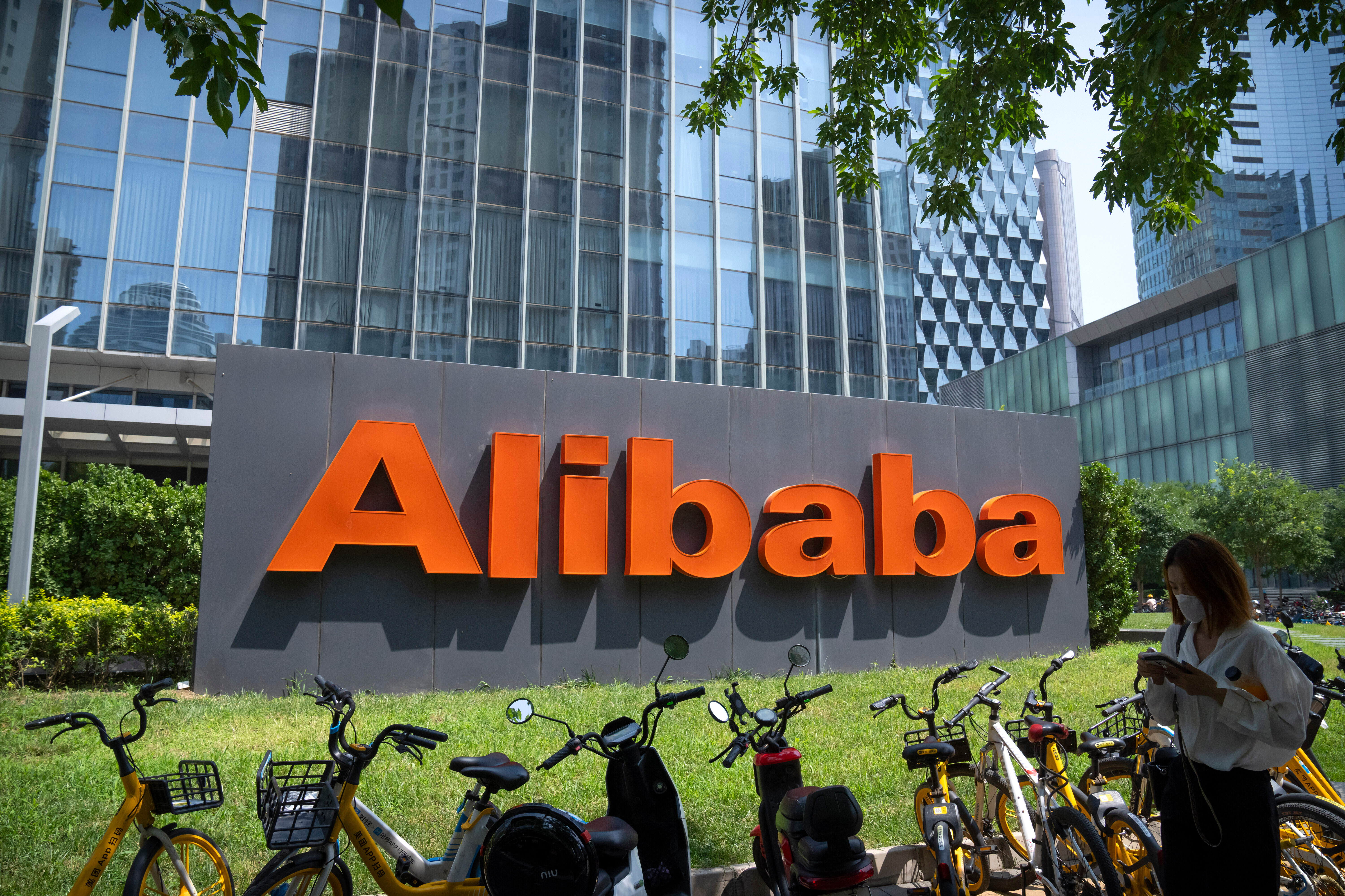 The logo of Chinese technology firm Alibaba is seen at its office in Beijing, Aug. 10, 2021.