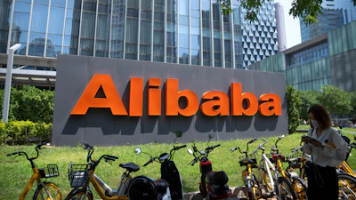 The logo of Chinese technology firm Alibaba is seen at its office in Beijing, Aug. 10, 2021.