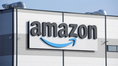 An Amazon logo on the facade of a building in Schoenefeld, Germany, March 18, 2022.