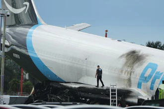 An Amazon cargo plane sits at the Miami International Airport (MIA) Monday, Sept. 7, 2026, after it overshot the runway on Sunday, in Miami.
