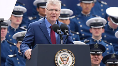 Secretary of the Air Force Troy Meink speaks during the United States Air Force Academy Graduation Ceremony at Falcon Stadium, Thursday, May 28, 2026, at the United States Air Force Academy in Colorado Springs, Colo.
