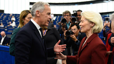 Canada Prime Minister Mark Carney speaks with European Commission President Ursula von der Leyen at the European Parliament in Strasbourg, France, Sept 17, 2026.