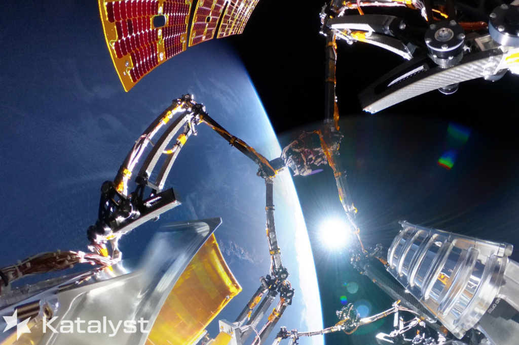 This undated image released by Katalyst Space Technologies on Friday, Sept. 25, 2026 shows Link, a three-armed robotic spacecraft, while in orbit around Earth.
