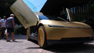 A Tesla Cybercab is displayed in downtown Austin, Texas, Thursday, Sept. 3, 2026.