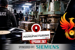 Police raid manufacturing facility with Today in Manufacturing Episode 287 badge and phoenix logo, sponsored by Siemens
