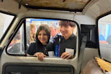 Students from Flandreau Indian School in South Dakota inspect a 1976 Ford F-350 utility truck.