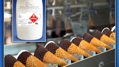 Madison Chemical Co. ICY CLEAN XX industrial cleaning product drum with hazard label displayed above food production conveyor line with waffle cones